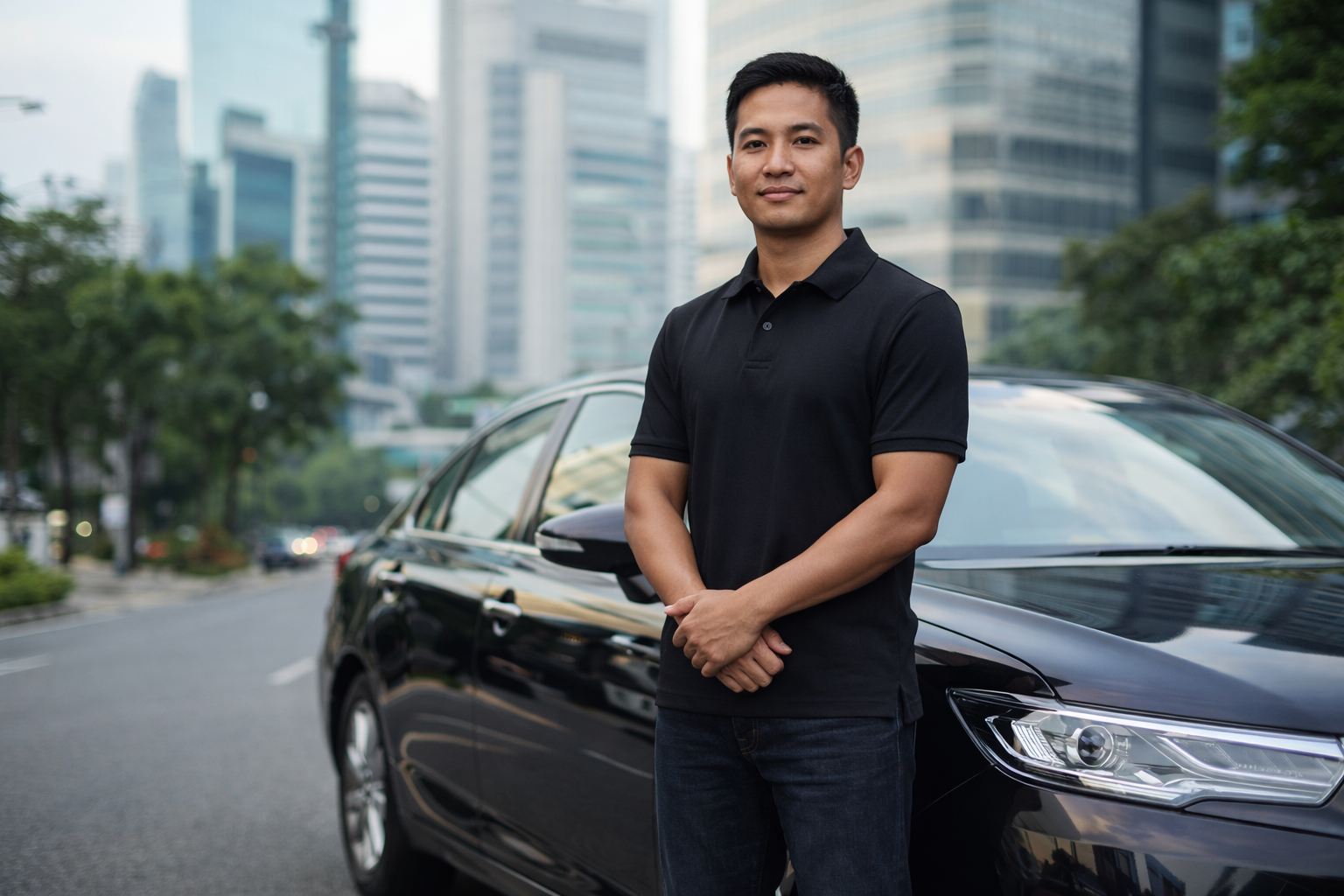 Professional chauffeur standing beside black sedan for car rental with driver in Manila